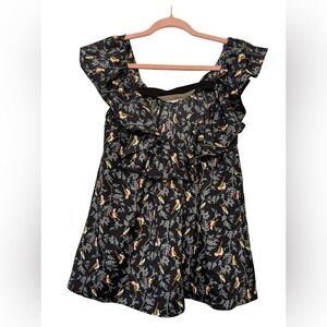 SIS SIS Ruffled Neck Bird Print Top Small